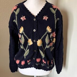 Tulips Floral Knit Spring Cardigan Sweater - Navy size M